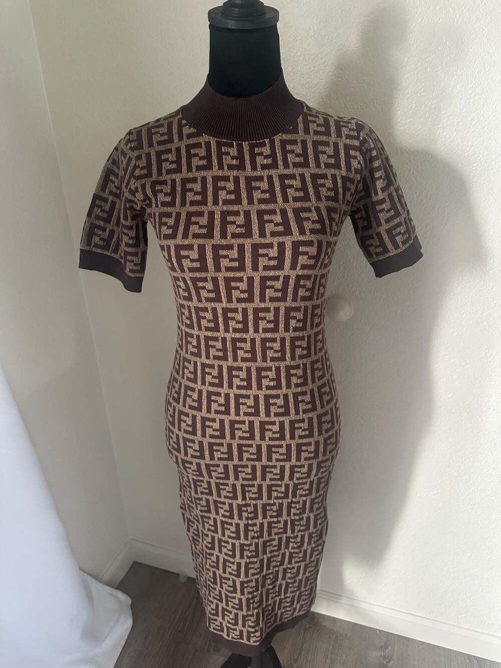 Fendi FF Monogram Knit Mock Neck Short Sleeve Midi Dress